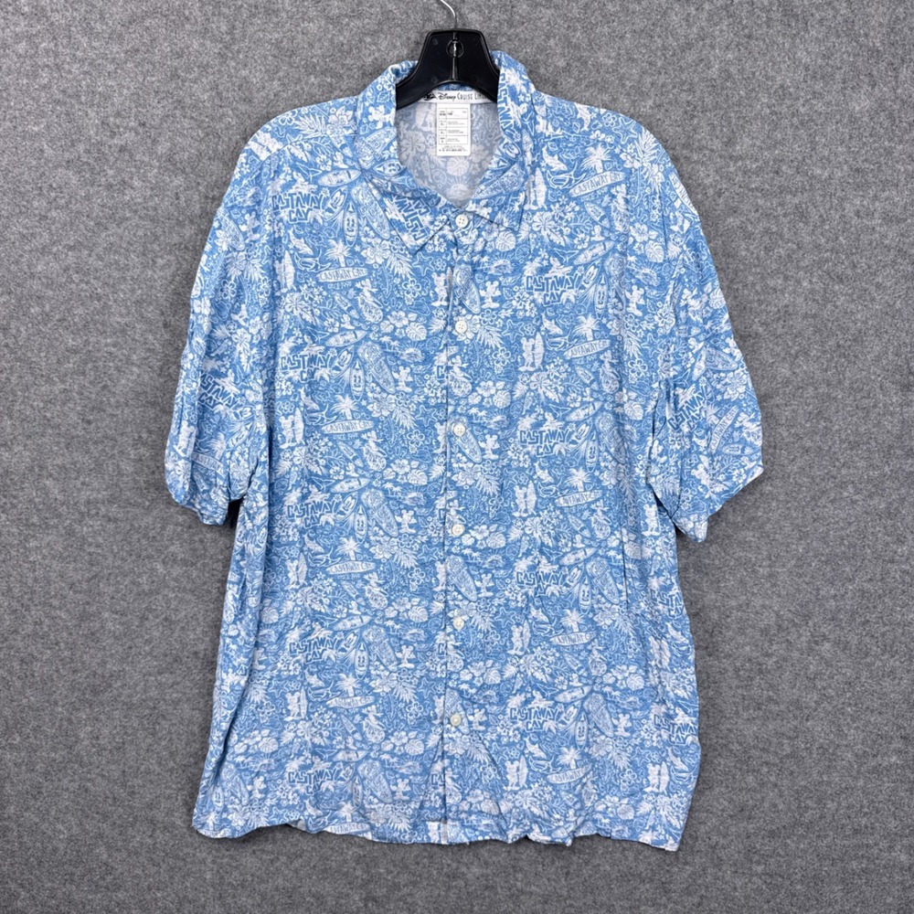 Disney Cruise Line Shirt Castaway Cay Size L Blue Rayon Tropical Button Down